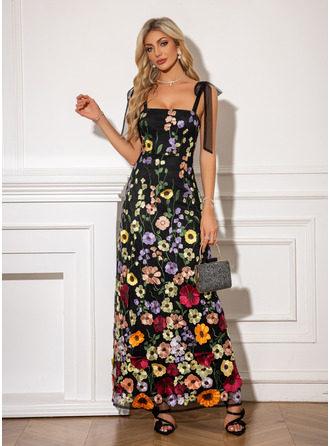 Flower Embroidered Straight A-line Lace Maxi Dress (295308717)