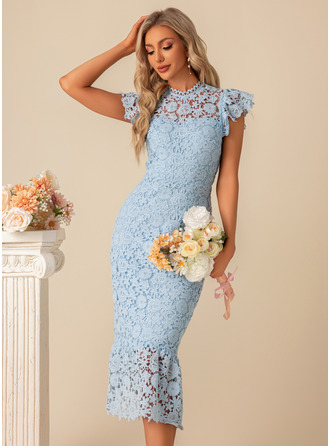 Flower Jacquard High Neck Illusion Sheath/Column Lace Midi Dress (295300958)