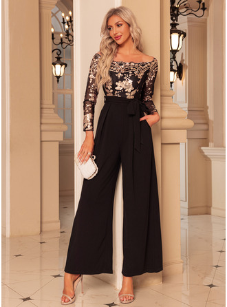 Off the Shoulder Polyester Tulle Sequin Maxi Jumpsuit/Pantsuit (295301067)