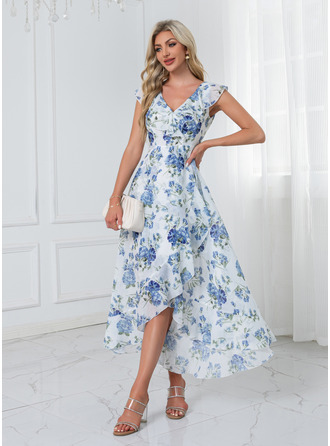 Ruffle Floral Print V-Neck A-line Chiffon Asymmetrical Midi Dress (295268963)