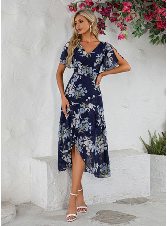 Ruffle Floral Print V-Neck A-line Chiffon Asymmetrical Midi Dress (295300962)