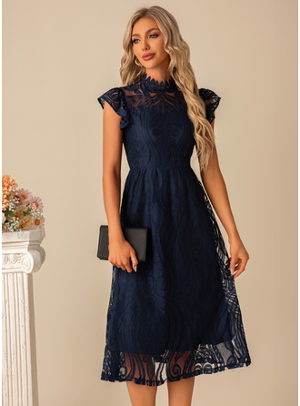 Ruffle High Neck Illusion A-line Lace Midi Dress (295301279)