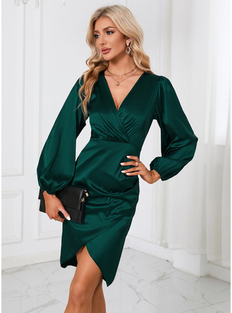 Ruffle V-Neck Sheath/Column Satin Midi Dress (295294132)