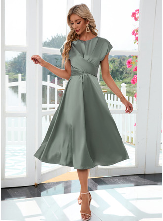 Scoop A-line Satin Midi Dress (295288847)